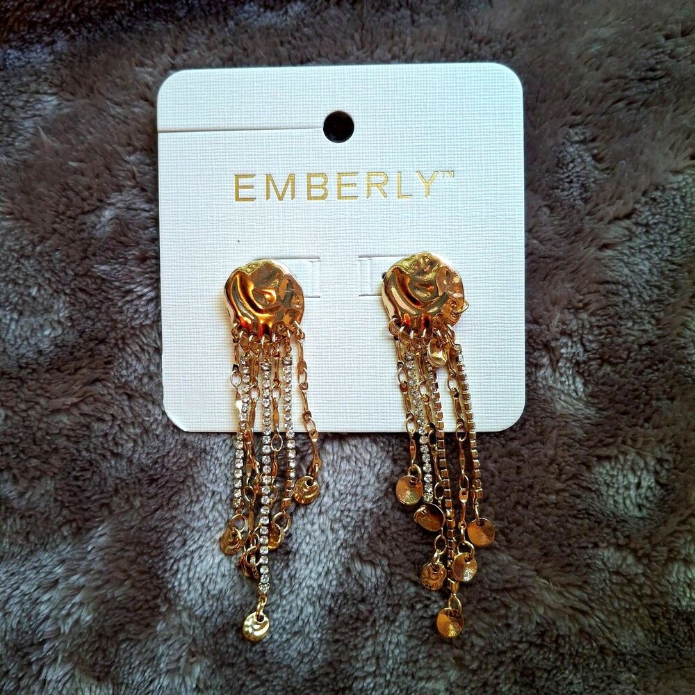 Emberly Gold Tone Earrings - Hammered Disc - Rhinestone Chain Dangle - NWT